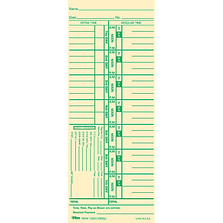 TOPS Weekly Numbered Days Time Cards - 3.50" x 9" Sheet Size - Yellow - Manila Sheet(s) - Green Print Color - 100 / Pack