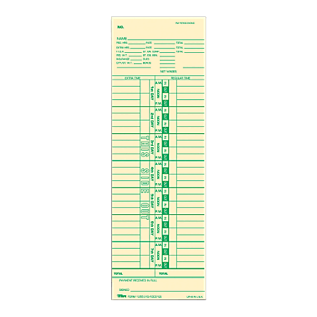 TOPS® Pay Receipt Full Calculation Time Cards, Numbered Days, 10.5" x 3.5", Manila/Green, Pack Of 100