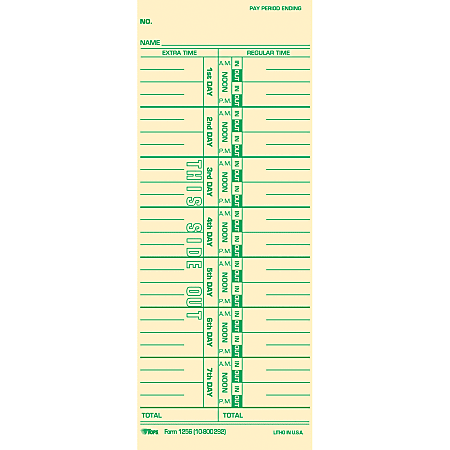TOPS Numbered Days Time Cards - 3 1/2" x 9" Sheet Size - Yellow - Manila Sheet(s) - Green Print Color - 100 / Pack