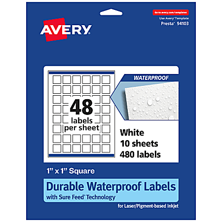 Avery® Waterproof Permanent Labels With Sure Feed®, 94103-WMF10, Square, 1" x 1", White, Pack Of 480