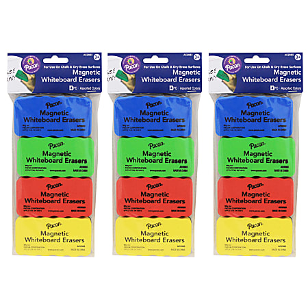 Pacon® Magnetic Chalk & Whiteboard Erasers, 2-1/4" x 4-1/4", Assorted Colors, 4 Erasers Per Pack, Set Of 3 Packs