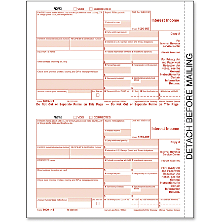 TOPS IRS Approved 1099-INT KIT Tax Forms, 5 1/2" x 8", 4-Part, Red/Black, Pack Of 24