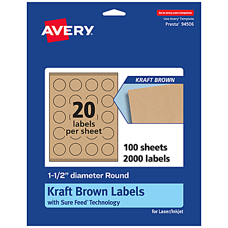 Avery® Kraft Permanent Labels With Sure Feed®, 94506-KMP100, Round, 1-1/2" Diameter, Brown, Pack Of 2,000