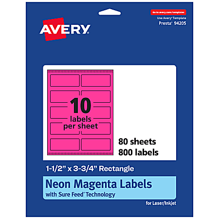 Avery® Print-To-The-Edge Labels With Sure Feed® Technology And Easy Peel®, 94205-NMP80, Rectangle, 1-1/2" x 3-3/4", Matte Neon Magenta, Pack of 800