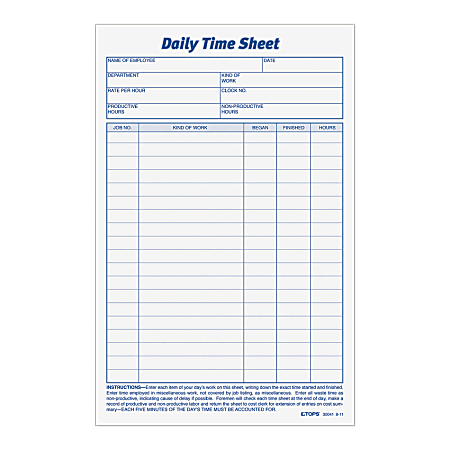 TOPS® Daily Time Sheet Forms, 9.5" x 6",