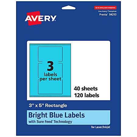 Avery® Print-To-The-Edge Labels With Sure Feed® Technology And Easy Peel® Label Feature, 94213-BBP40, Rectangle, 3" x 5", Matte Bright Blue, Pack of 120