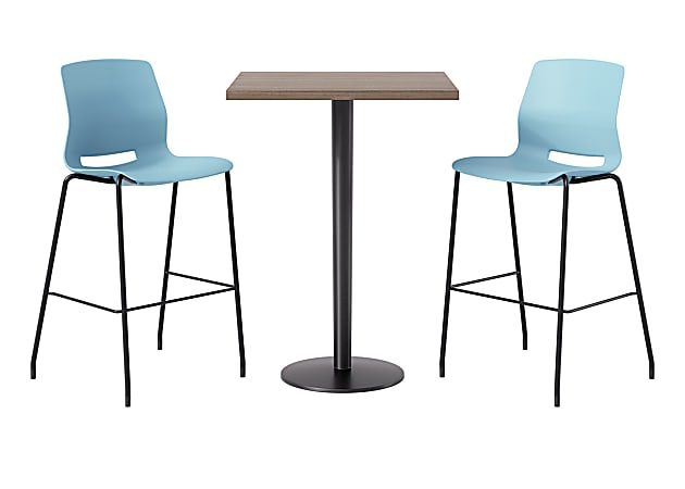 KFI Studios Proof Bistro Square Pedestal Table With Imme Bar Stools, Includes 2 Stools, 43-1/2”H x 30”W x 30”D, Studio Teak Top/Black Base/Sky Blue Chairs