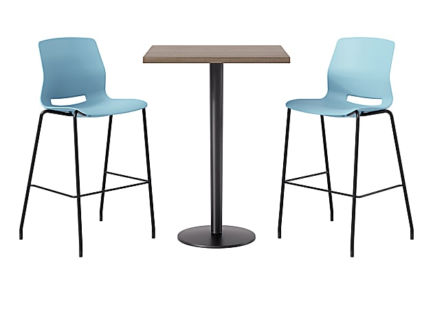 KFI Studios Proof Bistro Square Pedestal Table, Includes 2 Stools, 43-1/2”H x 30”W x 30”D, Studio Teak Top/Black Base/Sky Blue Chairs - 840031942173