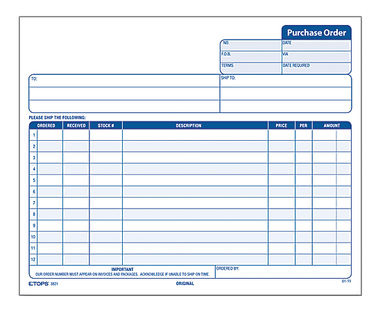 Office Depot® Brand Purchase Order Forms, 8 1/2" x 7 5/8", 3-Part, White/Yellow/Pink, Blue Ink, Pack Of 50