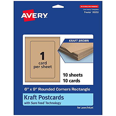 Avery® Printable Postcards With Sure Feed® Technology, 6" x 9" Rectangle Rounded Corners, Kraft Brown, Pack Of 10