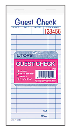 TOPS™ Guest Check Books, 2-Part Carbonless, 50 Sheets, Pack of 10
