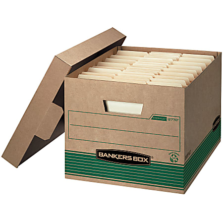 Bankers Box® Stor/File™ Medium-Duty Storage Boxes With Lift-Off Lids, Letter/Legal Size, 10" x 12" x 15", 100% Recycled, Kraft/Green, Case Of 20