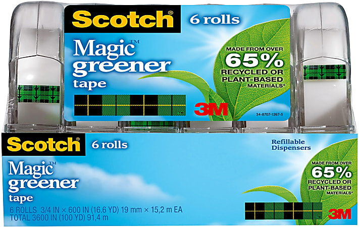 Scotch Greener Magic Tape with Dispenser, Invisible, 3/4 in x 600 in, 6 Tape Rolls, Clear, Home Office and School Supplies