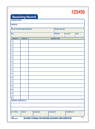 Tops Receiving Record Book, 5 1/2" x 7 7/8", 3-Part, White/Canary/Pink, Set Of 50
