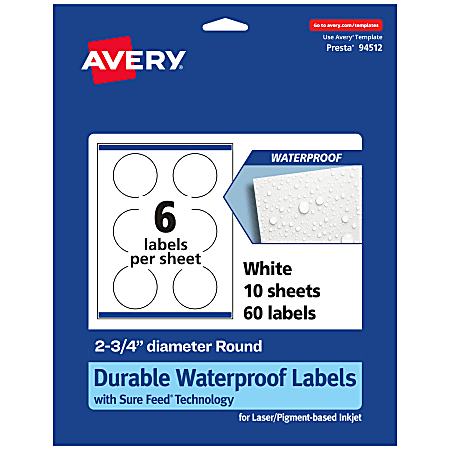 Avery® Waterproof Permanent Labels With Sure Feed®, 94512-WMF10, Round, 2-3/4" Diameter, White, Pack Of 60