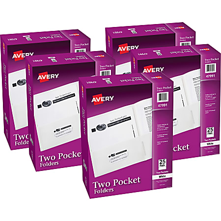 Avery® Letter Pocket Folder - 8 1/2" x 11" - 40 Sheets Capacity - 2 Internal Pocket - Embossed Paper - White - Embossed - 25/Box - 5 / Carton
