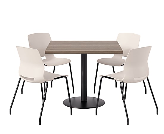 KFI Studios Proof Cafe Pedestal Table With Imme Chairs, Square, 29”H x 42”W x 42”W, Studio Teak Top/Black Base/Moonbeam Chairs