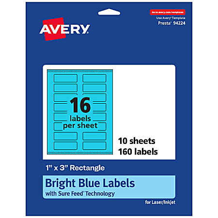 Avery® Print-To-The-Edge Labels With Sure Feed® Technology And Easy Peel®, 94224-BBP10, Rectangle, 1" x 3", Matte Bright Blue, Pack of 160