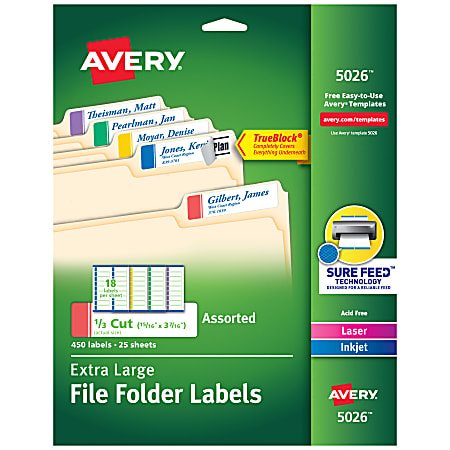 Avery® TrueBlock® Extra-Large Permanent Inkjet/Laser File Folder Labels, 5026, 15/16" x 3 7/16", Assorted Colors, Pack Of 450