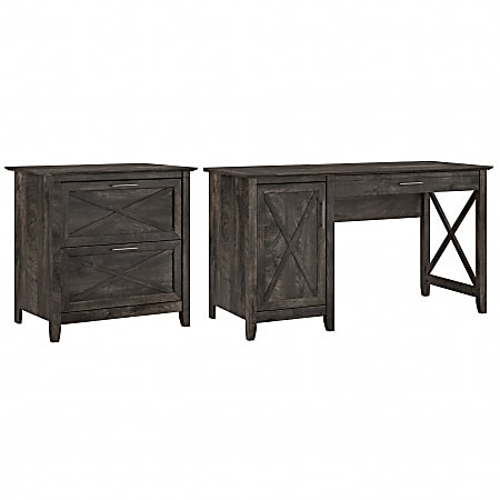 Bush Furniture Key West 54"W Computer Desk With Storage And 2-Drawer Lateral File Cabinet, Dark Gray Hickory, Standard Delivery