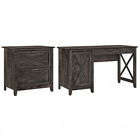 Bush Furniture Key West 48W Writing Desk With 2 Drawer Lateral File Cabinet And 5 Shelf Bookcase In Washed Gray