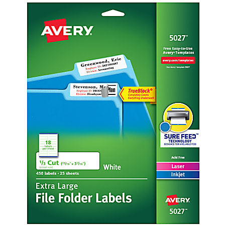 Avery® TrueBlock® Extra-Large Permanent Inkjet/Laser File Folder Labels, 5027, 15/16" x 3 7/16", White, Pack Of 450