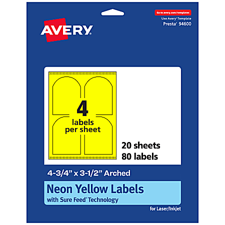Avery® Print-To-The-Edge Labels With Sure Feed® Technology, 94600-NYP20, Arched, 4-3/4" x 3-1/2", Matte Neon Yellow, Pack of 80