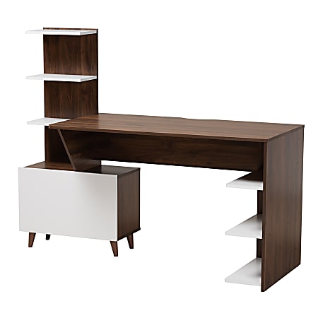 Baxton Studio Mid-Century Modern 61"W 2-Tone Computer Desk With Storage, White/Walnut Brown