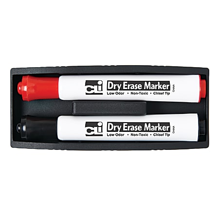 Charles Leonard, Inc. Magnetic Whiteboard Eraser With 2 Markers, 5 1/4" x 2", Black, Pack Of 6