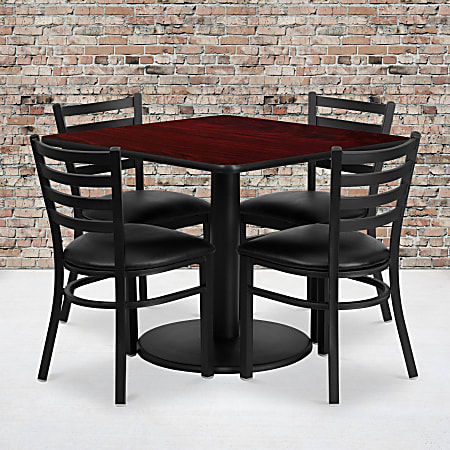 Flash Furniture Square Laminate Table Set With Round Base And 4 Ladder Back Metal Chairs, 30"H x 36"W x 36"D, Mahogany/Black