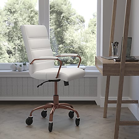 Flash Furniture Camilia Ergonomic Faux Leather Mid-Back Executive Swivel Office Chair With Arms, White/Rose Gold