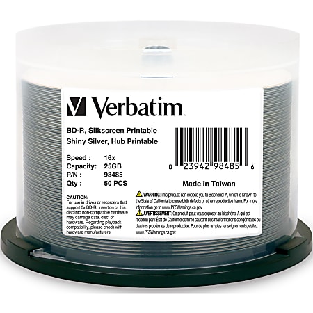 Verbatim BD-R 25GB 16X Shiny Silver Silk Screen Printable, Hub Printable - 50pk Spindle - 50pk Spindle