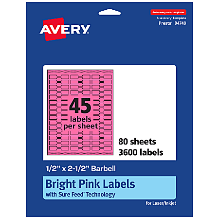 Avery® Printable Labels With Sure Feed® Technology, 94749-BPP80, Barbell, 1/2" x 2-1/2", Matte Bright Pink, Pack of 3600
