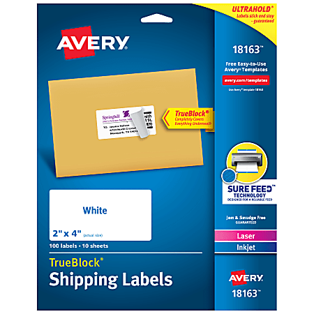 Avery® TrueBlock® Shipping Labels With Sure Feed® Technology, 18163, Rectangle, 2" x 4", White, Pack Of 100