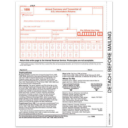 TOPS® 1096 Laser Form For 2007 Tax Year, Pack Of 50