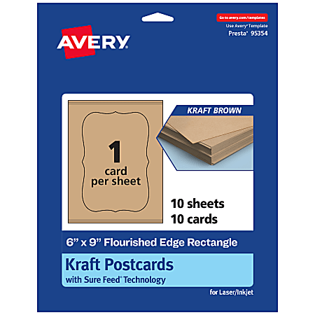 Avery® Printable Postcards With Sure Feed® Technology, 6" x 9" Rectangle Flourished Edge, Kraft Brown, Pack Of 10
