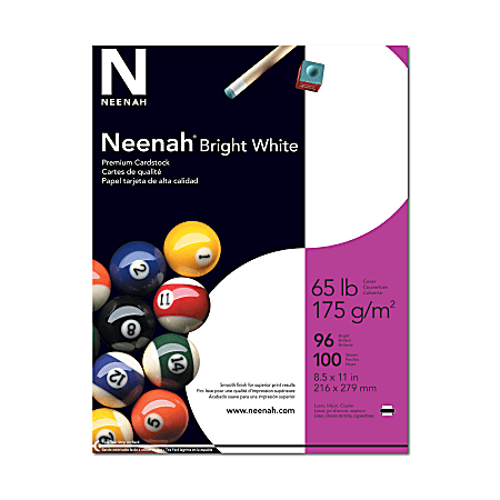 Neenah Card Stock - Bright White - Letter - 8 1/2" x 11" - 65 lb Basis Weight - Smooth - 100 / Pack - Acid-free, Lignin-free