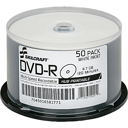 SKILCRAFT® Inkjet Printable DVD-R Recordable Media With Spindle, 4.70 GB/120 Minutes, Pack Of 50 Pack