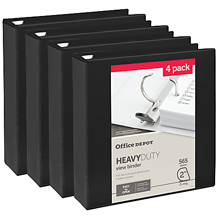 Office Depot® Heavy-Duty View 3-Ring Binder, 2" D-Rings, Black, 49% Recycled, Pack Of 4