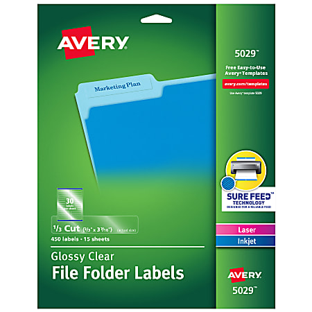 Avery® File Folder Labels, Sure Feed® Technology, Permanent Adhesive, Glossy Clear, 2/3” x 3-7/16”, 450 Labels (5029)