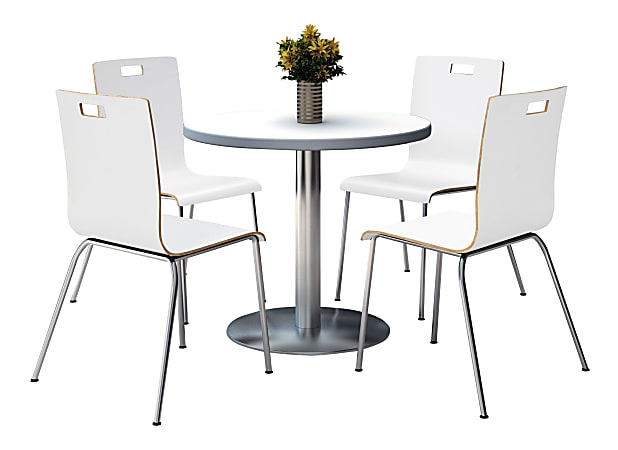 KFI Studios Jive Round Pedestal Table With 4 Stacking Chairs, 29"H x 36"W x 36"D, White/Crisp Linen 