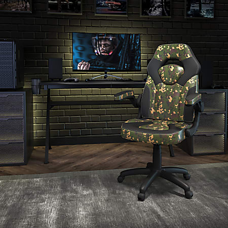 Flash Furniture X10 Ergonomic LeatherSoft™ Faux Leather High-Back Racing Gaming Chair With Flip-Up Arms, Camouflage/Black