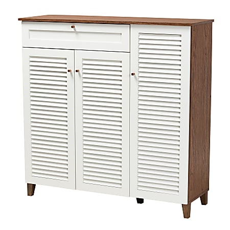 Baxton Studio Coolidge 11-Shelf Shoe Storage Cabinet With Drawer, White/Walnut