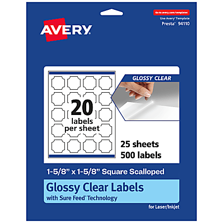 Avery® Glossy Permanent Labels With Sure Feed®, 94110-CGF25, Square Scalloped, 1-5/8" x 1-5/8", Clear, Pack Of 500