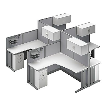 Bush® Business Furniture Office in an Hour 4-Person L-Shaped Cubicle Desks With Storage, Drawers And Organizers, Pure White, Standard Delivery