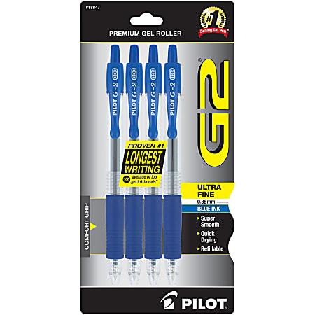Pilot G2 Premium Gel Roller Pens, Ultra-Fine Point, 0.38 mm, Clear Barrels, Blue Ink, Pack Of 4 Pens