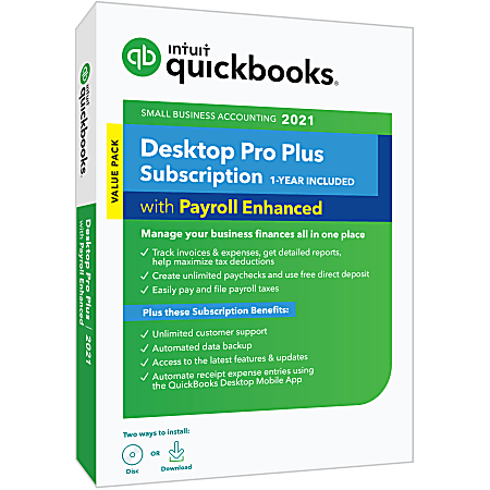 Intuit® QuickBooks® Desktop Pro Plus With Enhanced Payroll 2021, For Windows®, Disc/Download