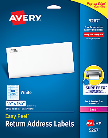 Avery® Easy Peel® Return Address Labels With Sure Feed® Technology, 5267, Rectangle, 1/2" x 1-3/4", White, Pack Of 2,000