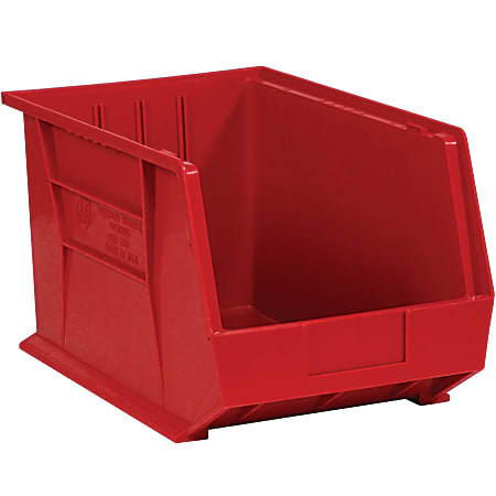 Partners Brand Plastic Stack & Hang Bin Boxes, Medium Size, 16" x 11" x 8", Red, Pack Of 4