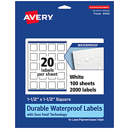 Avery® Waterproof Permanent Labels With Sure Feed®, 94106-WMF100, Square, 1-1/2" x 1-1/2", White, Pack Of 2,000